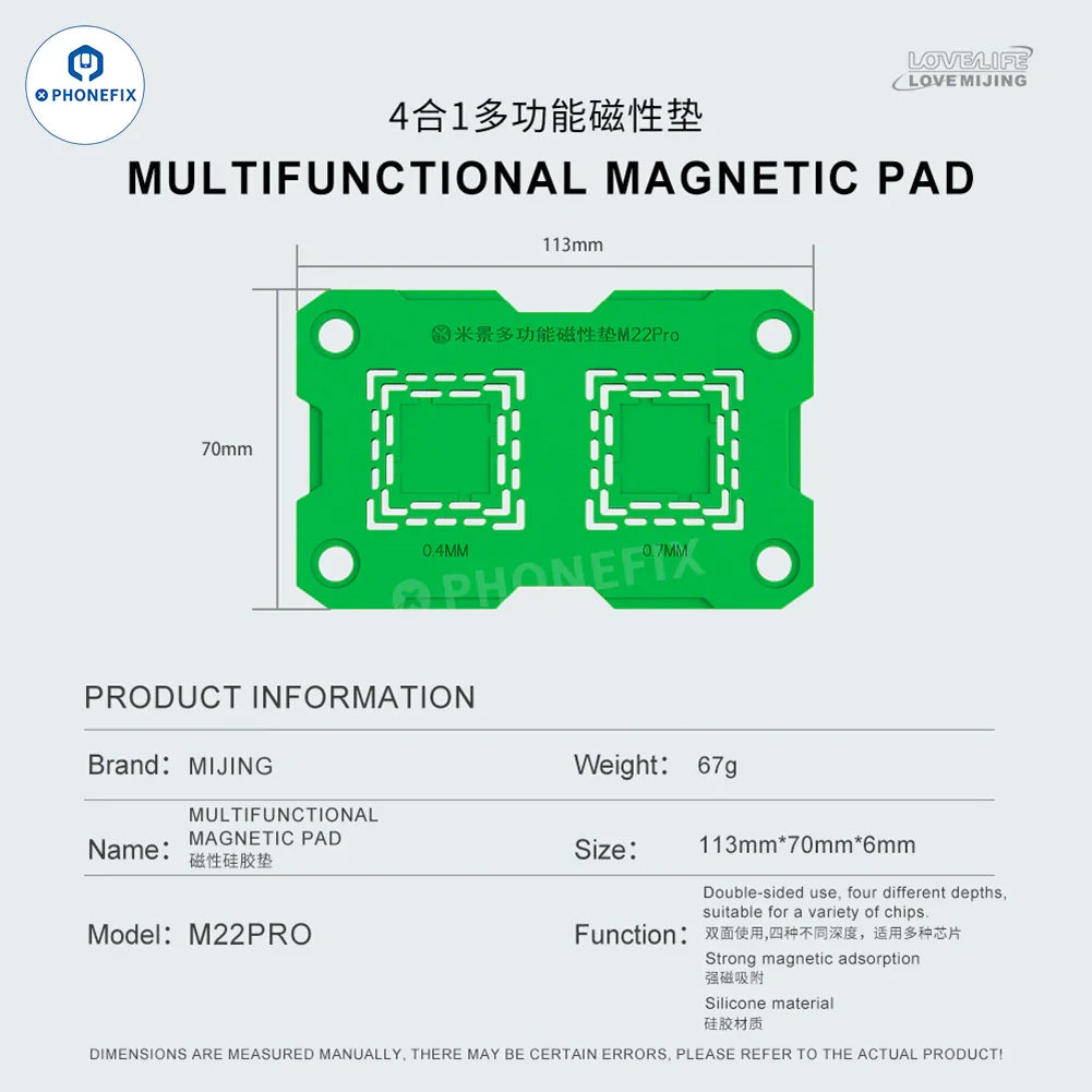 Green Mijing M22 Pro double-sided magnetic silicone pad for chip soldering, used for precise electronic repair and soldering tasks.