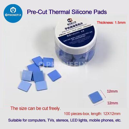 Pre-cut thermal silicone pads from PHONEFIX, 12x12x1.5mm, 100-piece box, used for soldering and heat insulation.
