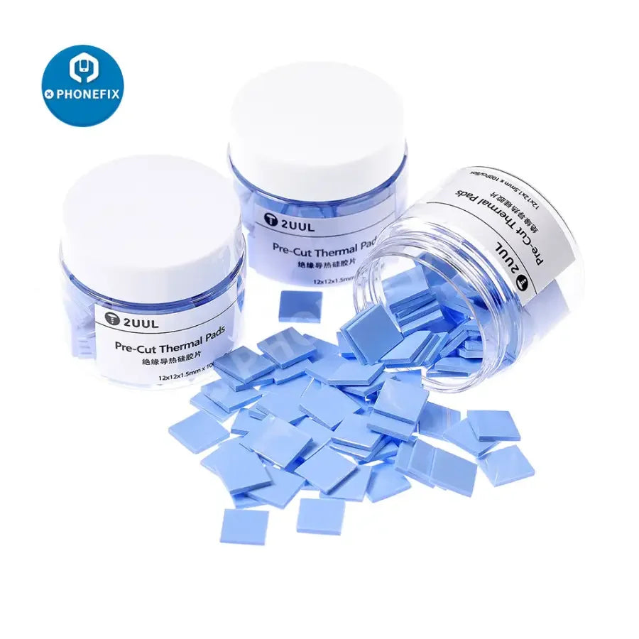 Pre-cut thermal silicone pads by PHONEFIX, 12x12x1.5mm, 100-piece box, ideal for soldering and heat insulation in electronics.