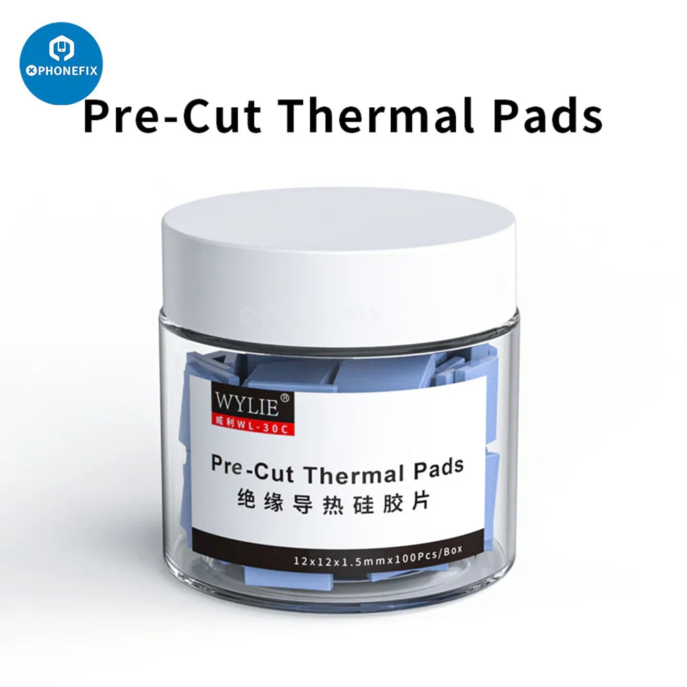 Pre-cut thermal silicone pads from PHONEFIX, 12x12x1.5mm, 100 pieces, used for soldering and heat insulation in electronics repair.