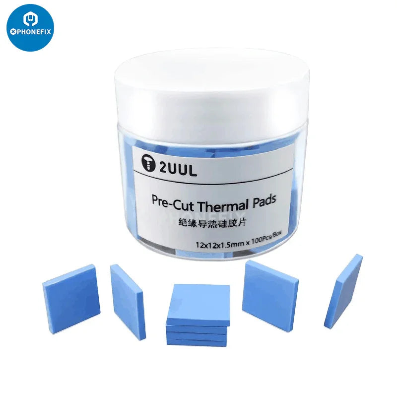 Pre-cut thermal silicone pads from PHONEFIX, 12x12x1.5mm, 100 pieces, ideal for soldering and electronic heat management.