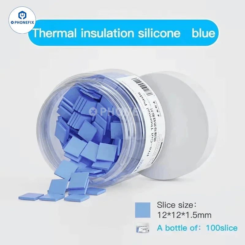 Pre-Cut Thermal Silicone Pads by PHONEFIX, 12x12x1.5mm, 100-pack for soldering and electronic repairs.