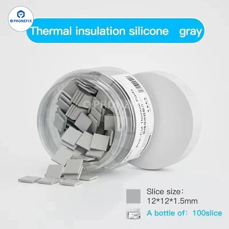 Pre-Cut Thermal Silicone Pads by PHONEFIX, 12x12x1.5mm, 100-pack for soldering and electronic repair applications.