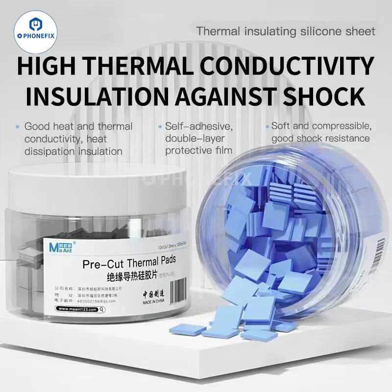 Pre-Cut Thermal Silicone Pads by PHONEFIX, 12x12x1.5mm, 100-pack for soldering, flexible heat-resistant silicone pads.