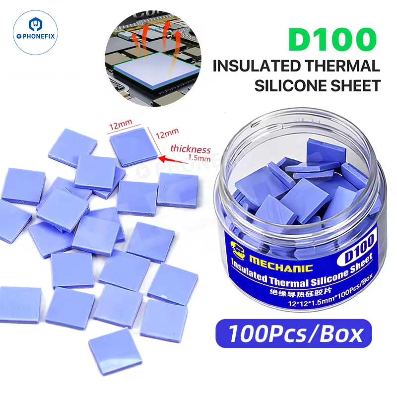 Box of 100 pre-cut thermal silicone pads from PHONEFIX, 12x12x1.5mm, used for soldering heat insulation and protection.