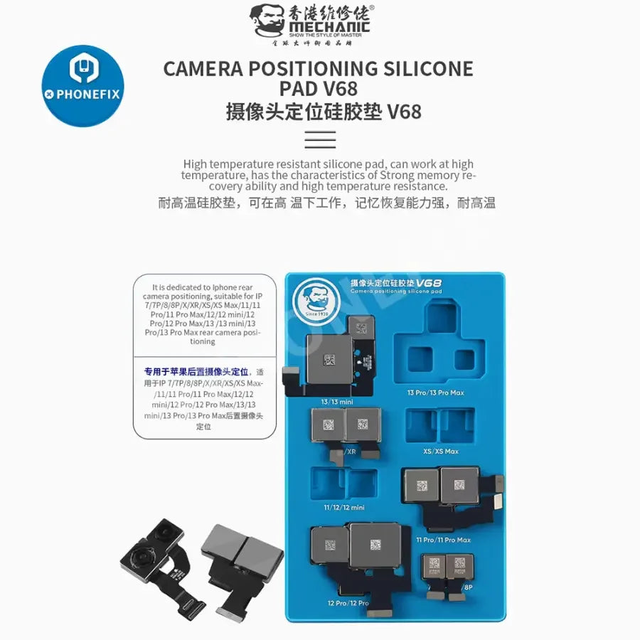 Silicone pad for iPhone 7-13 Pro Max by PHONEFIX, used for camera positioning and stabilization during repairs.