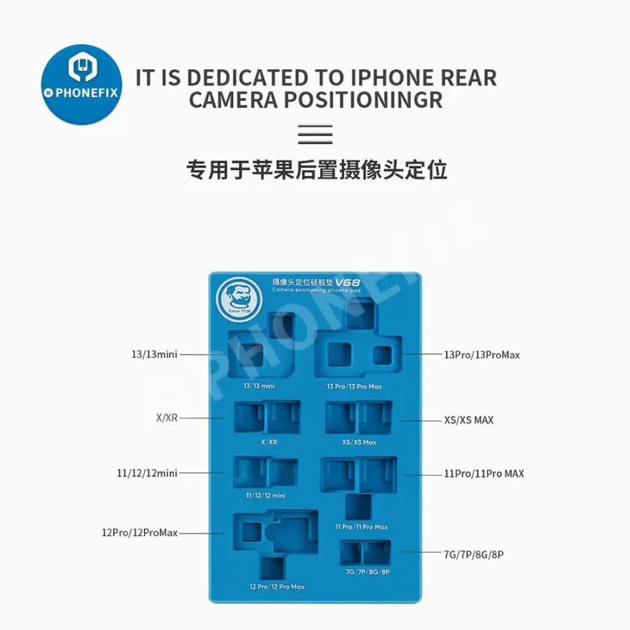 PhoneFix V68 mechanic camera positioning silicone pad for iPhone 7 to 13 Pro Max, showing the soft silicone pad for camera alignment.