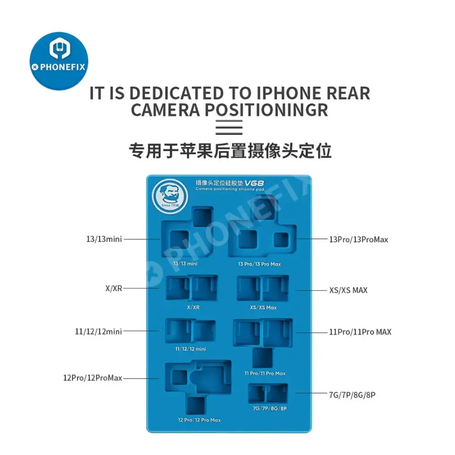 PhoneFix MECHANIC V68 silicone camera positioning pad for iPhone 7-13 Pro Max, shown in a close-up image.