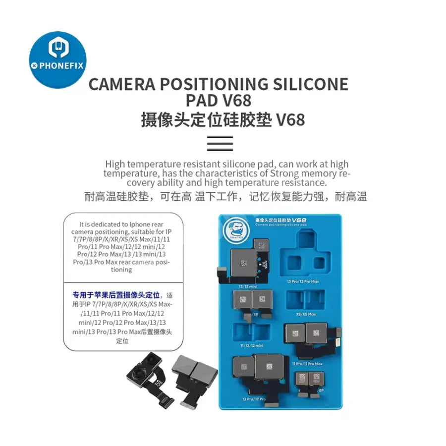 PHONEFIX MECHANIC V68 silicone pad for iPhone 7-13 Pro Max, used for camera positioning and stabilization during repairs.