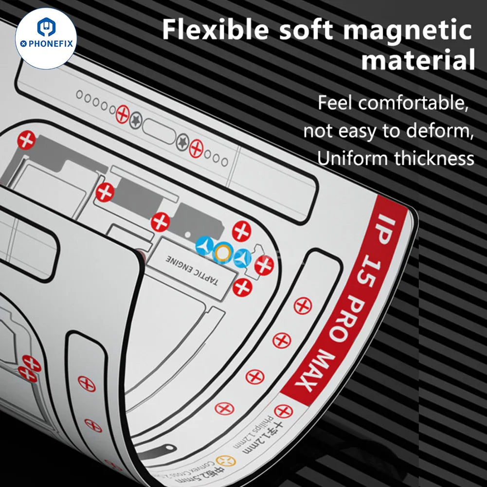 PhoneFix double-sided silicone screw positioning magnetic pad for iPhone X-15 series, used for precise screw alignment.