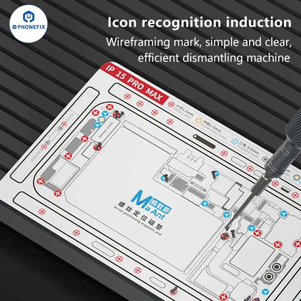 PhoneFix double-sided silicone screw positioning magnetic pad for iPhone X-15 series repair, designed for precise screw placement.