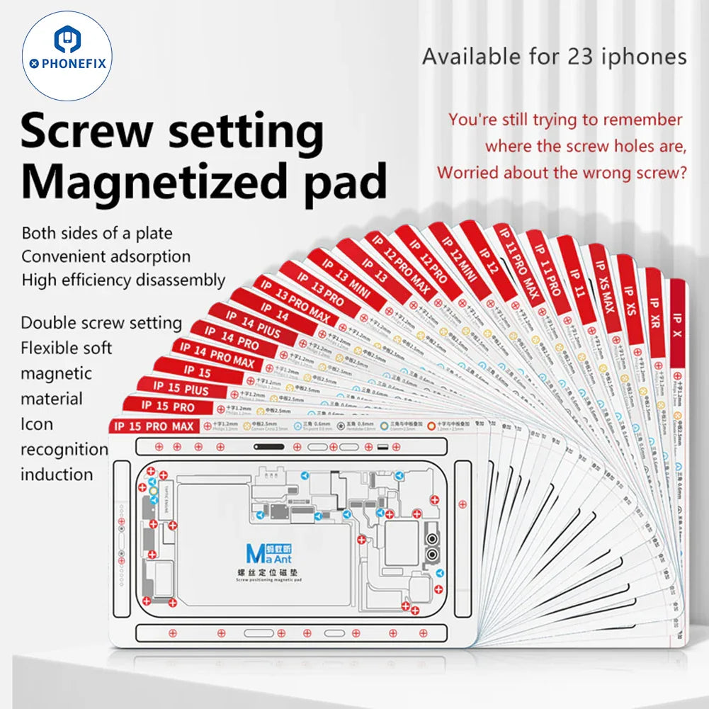 Silicone double-sided screw positioning magnetic pad for iPhone X-15 series by PHONEFIX, showing the magnetic and silicone surface.