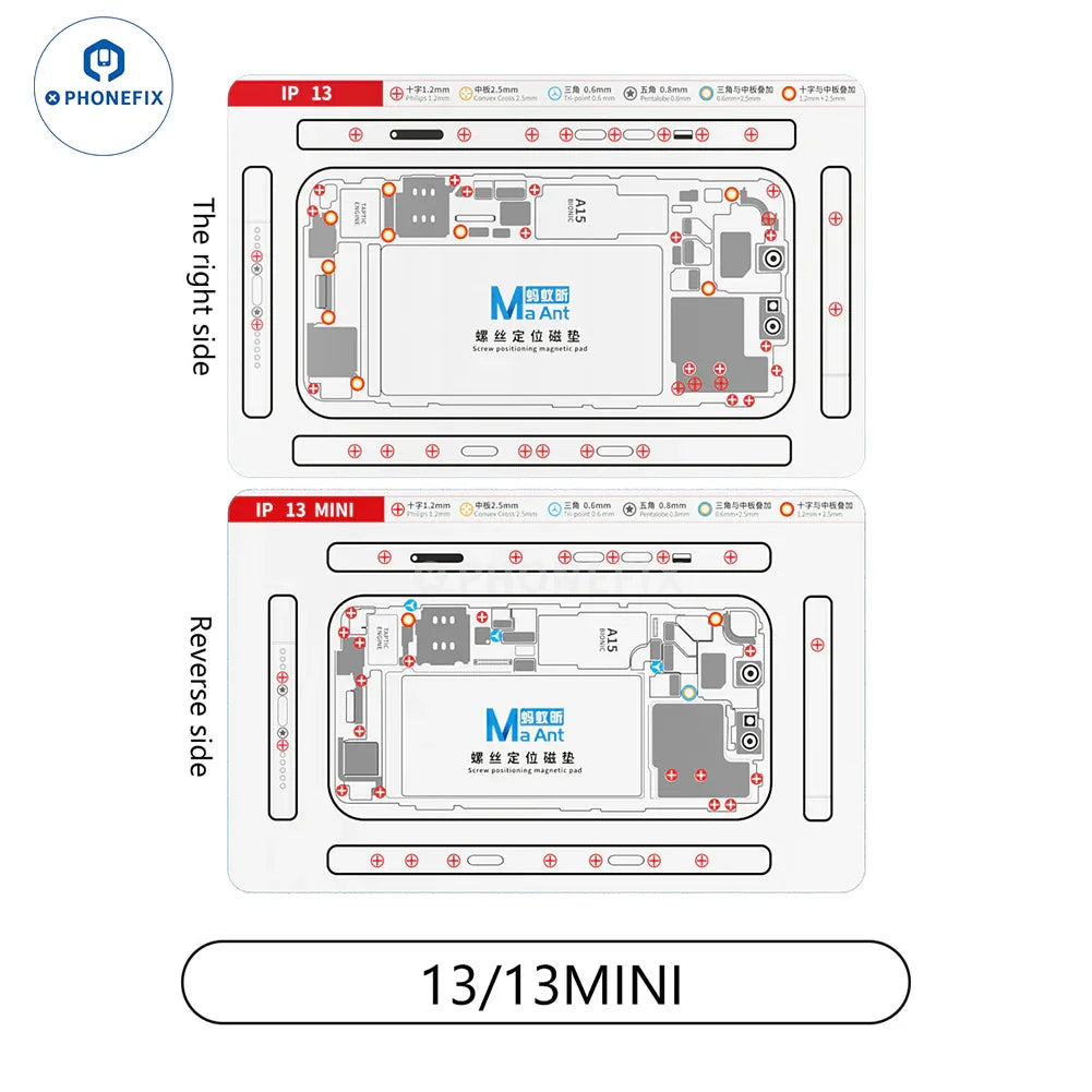PHONEFIX double-sided silicone screw positioning magnetic pad for iPhone X-15 series, used for precise screw alignment.
