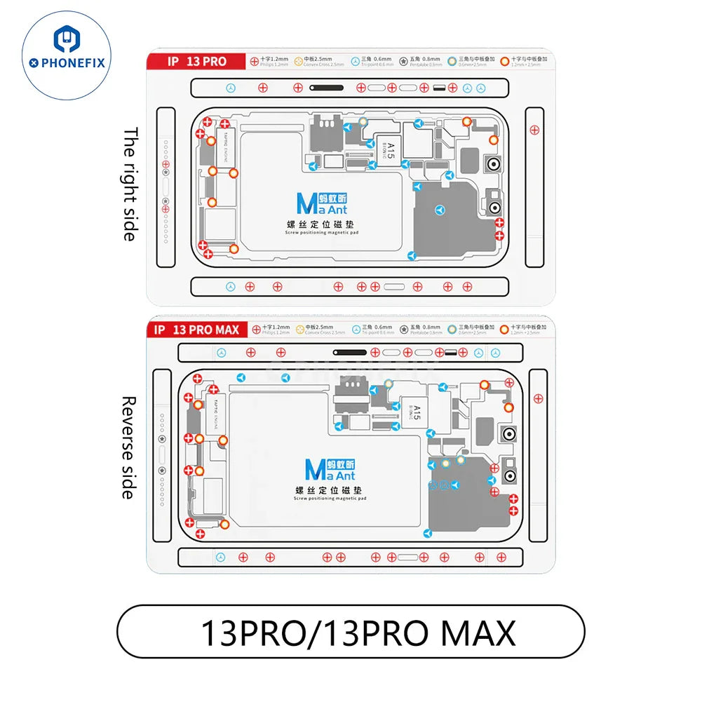 PHONEFIX double-sided silicone screw positioning magnetic pad for iPhone X-15 series, used for precise screw placement.