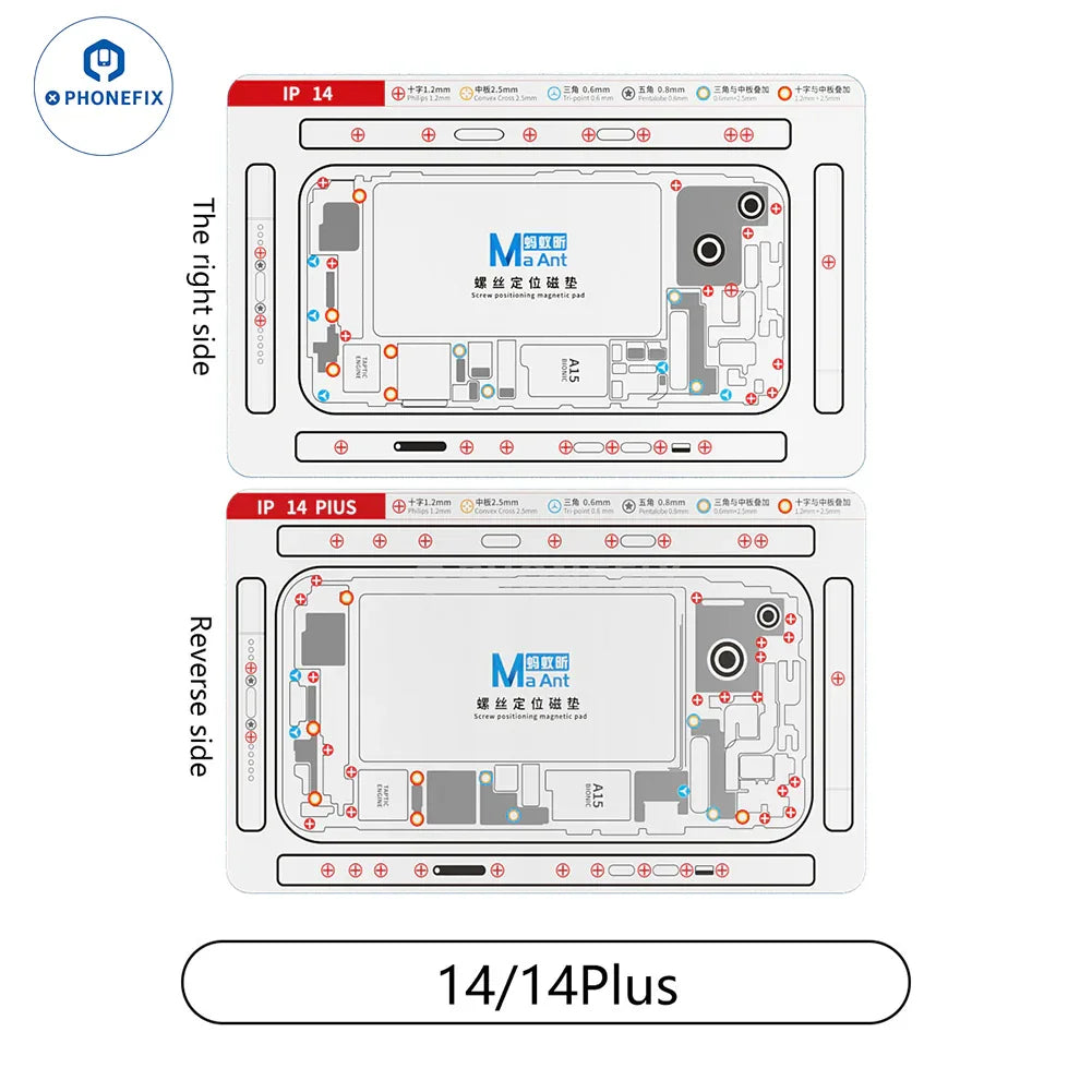 PhoneFIX double-sided silicone magnetic screw positioning pad for iPhone X-15 series with screw alignment features.