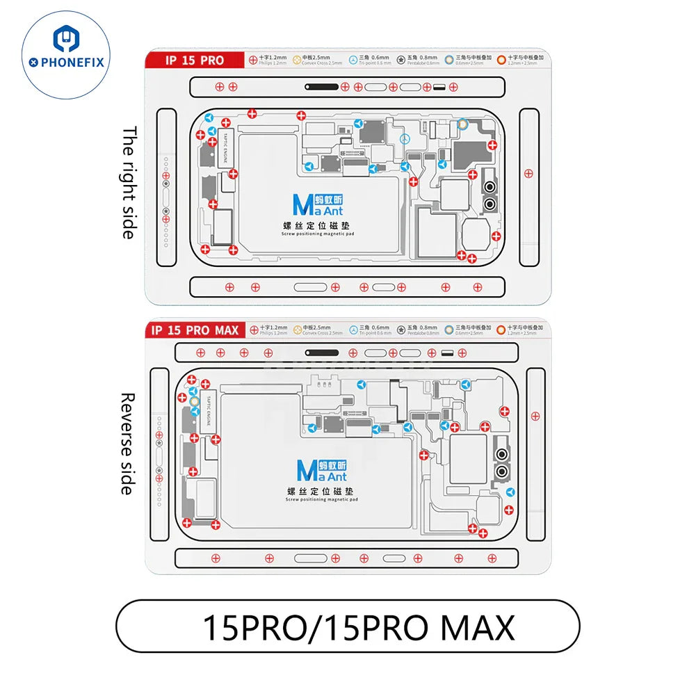 PHONEFIX silicone double-sided screw positioning magnetic pad for iPhone X-15 series, used for precise screw placement during repairs.