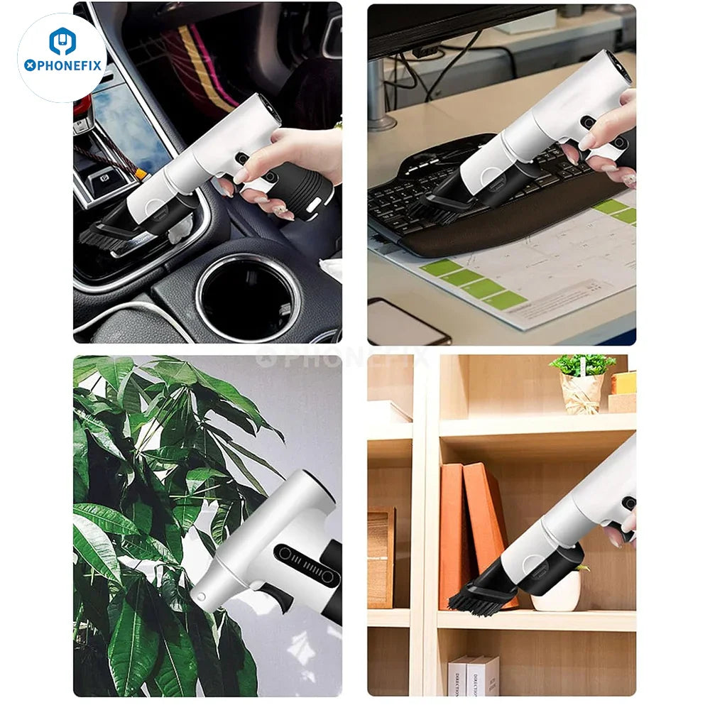 PHONEFIX electric handheld dust removal fan used as a smoke fume extractor with blowing and suction functions.