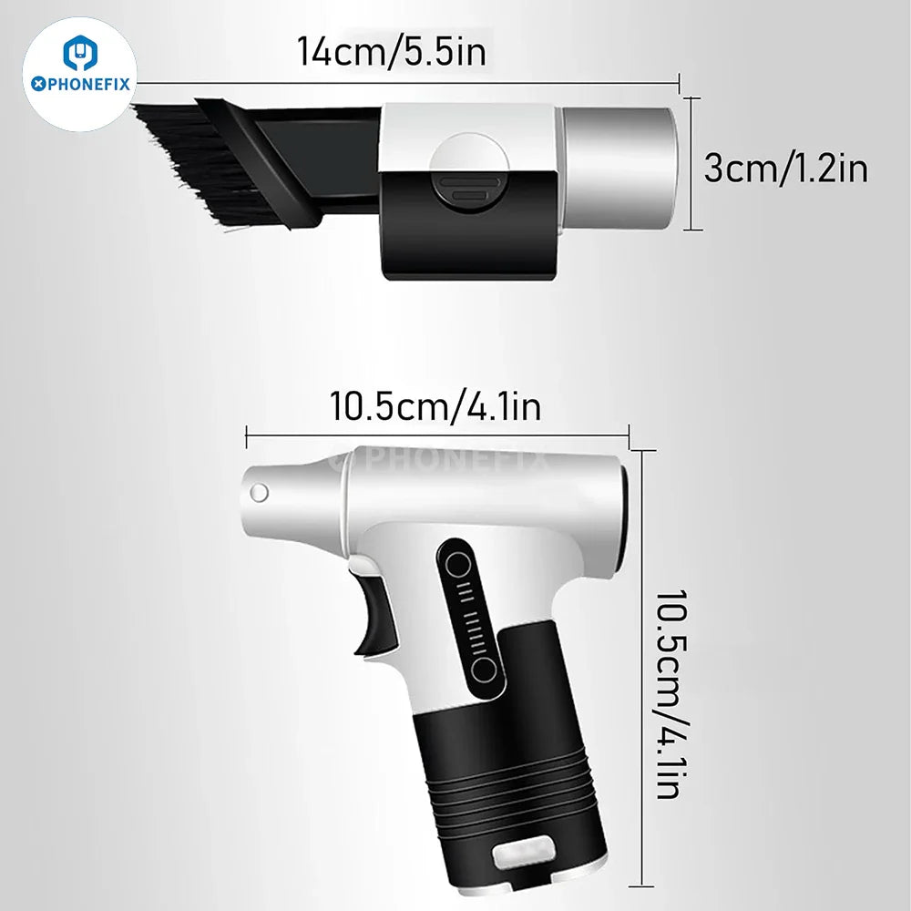 PHONEFIX electric handheld turbofan dust removal fan with blowing and suction functions, designed for smoke and fume extraction.