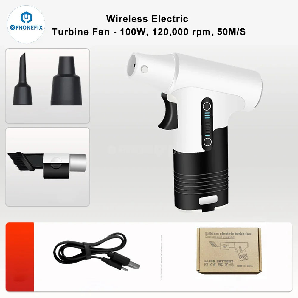 PhoneFIX electric handheld dust removal fan with blowing and suction functions, designed for smoke fume extraction and cooling.