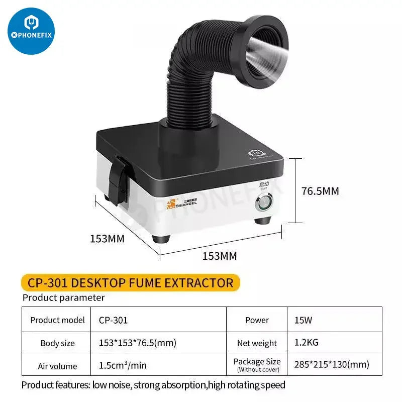 Portable PHONEFIX M-Triangel CP-301 smoke purifier and fume extractor showing compact design and air intake vents.