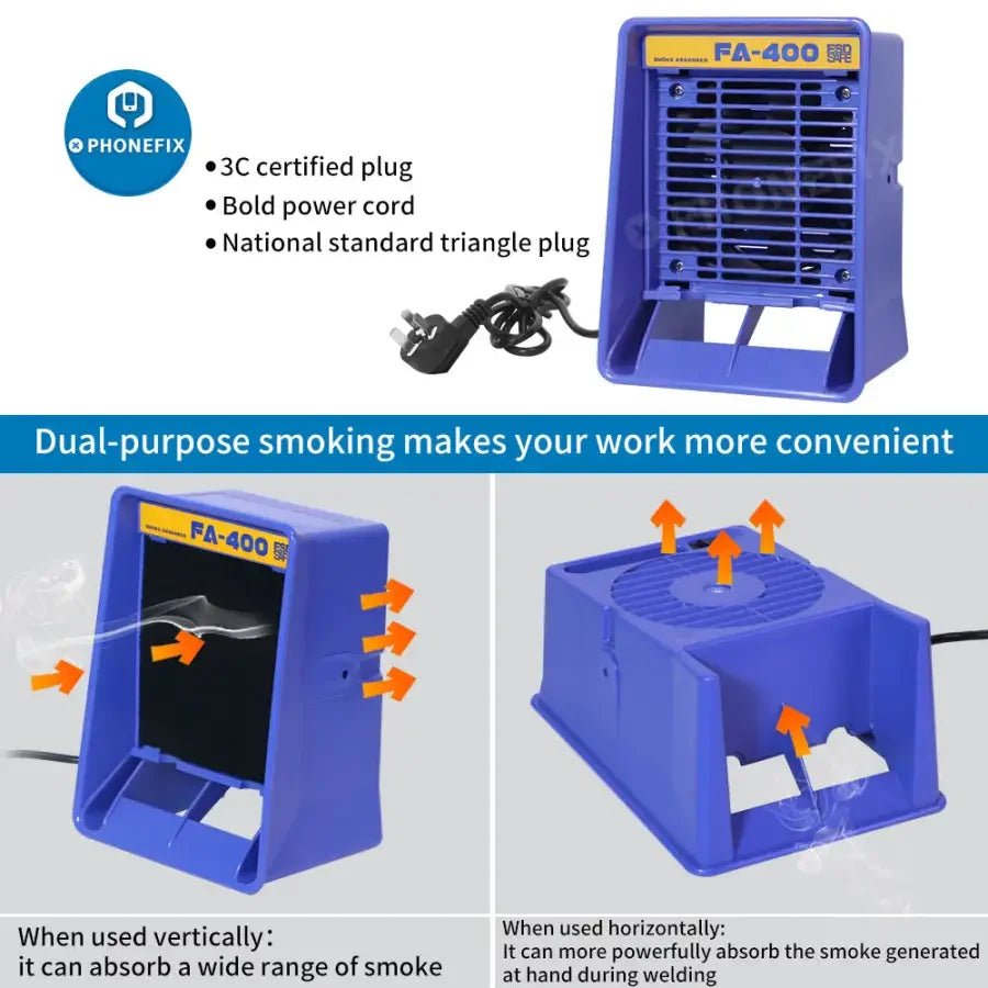 PHONEFIX FA-400 smoke fume extractor with 10 free activated carbon filter sponges, compact industrial air purification device.