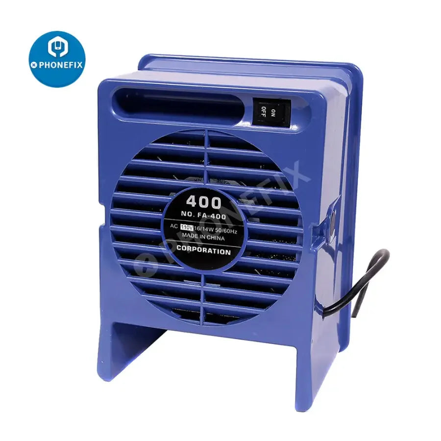 Phonefix FA-400 smoke fume extractor with 10 free activated carbon filter sponges for air purification and odor removal.