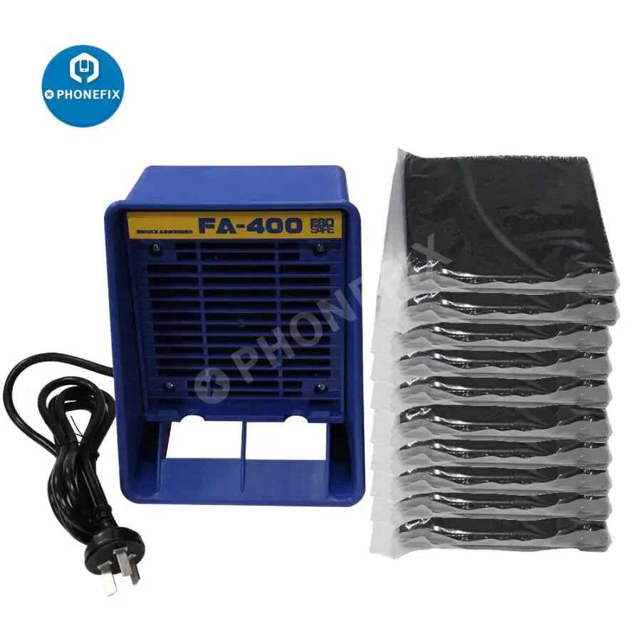 PHONEFIX FA-400 smoke fume extractor with 10 free activated carbon filter sponges for efficient air purification.