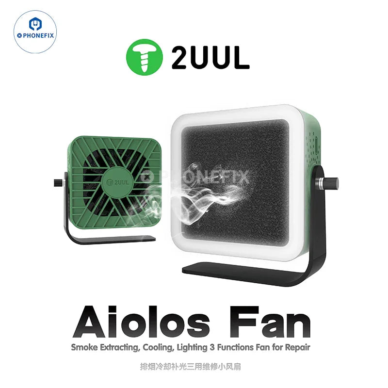 PhoneFix 2UUL Aiolos fan with cooling lighting for soldering smoke extraction, featuring a compact smoke fume extractor design.