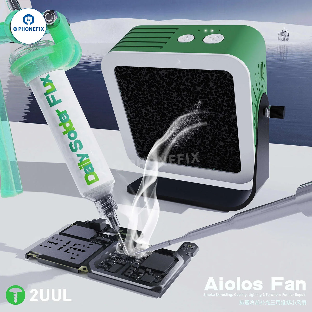 2UUL Aiolos fan with cooling lighting and smoke extraction for soldering fume removal, branded by PHONEFIX.