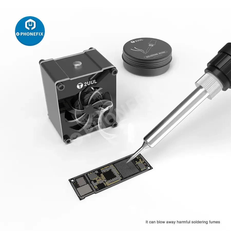 USB mini cooling fan and welding smoke extractor by PHONEFIX, compact smoke fume extractor for welding and soldering environments.