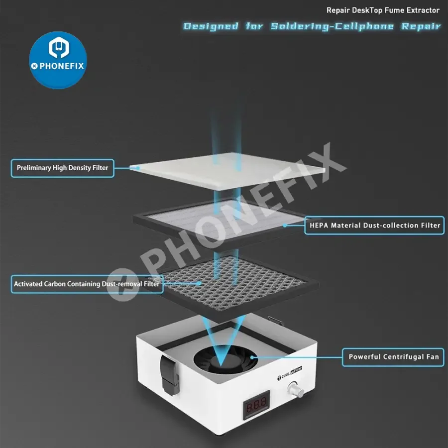 PHONEFIX 2UUL Mini Soldering Smoke Cleaner and Fume Extractor, compact air filter for phone repair and soldering work.