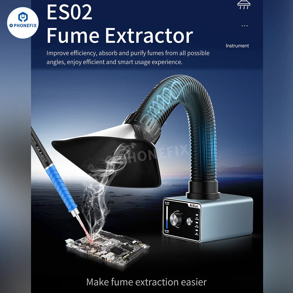 AIXUN ES02 phone PCB soldering smoke extractor capturing fumes during electronics repair with a compact design.