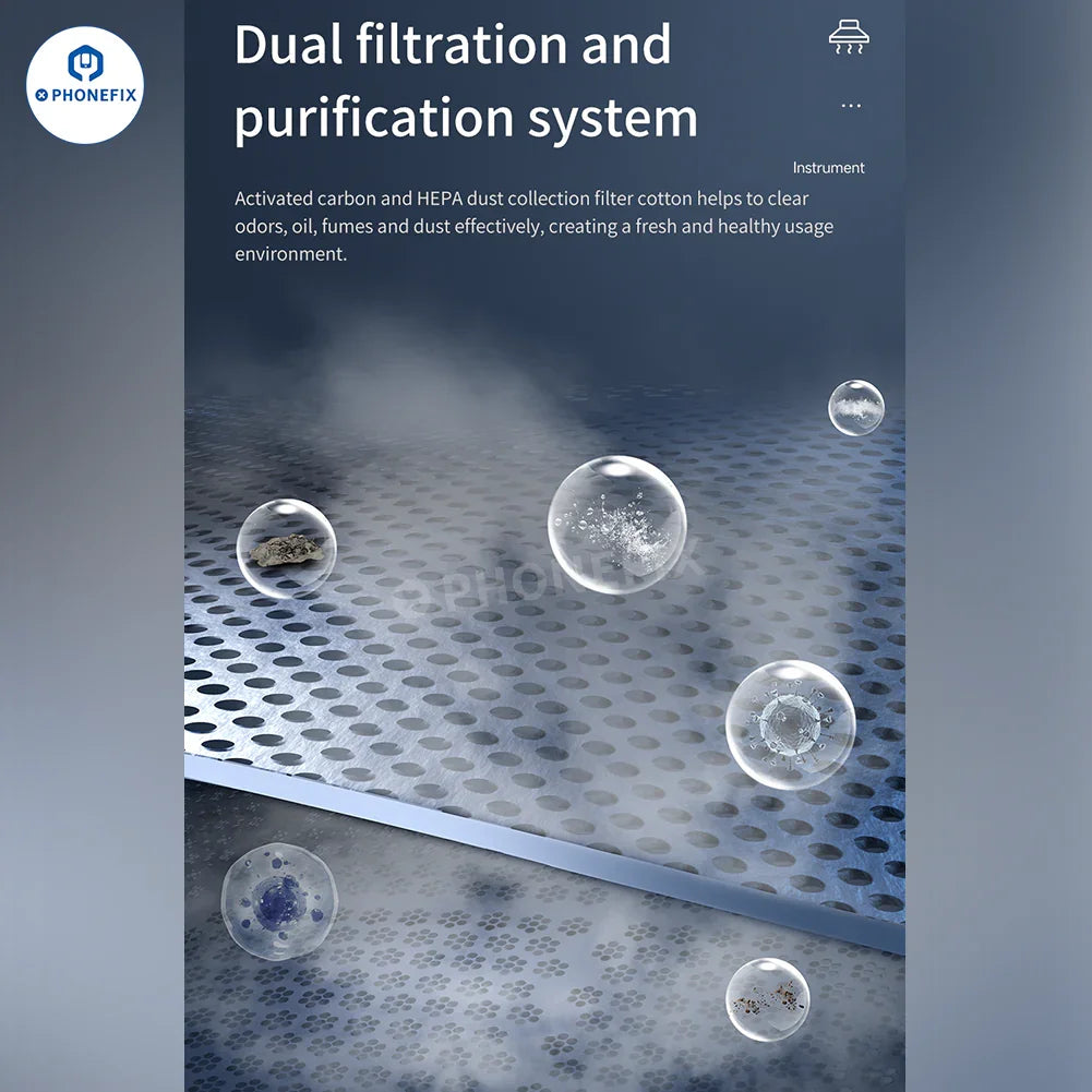 AIXUN ES02 Fume Extractor by PHONEFIX capturing soldering smoke from phone PCB work, compact smoke absorber for electronics repair.