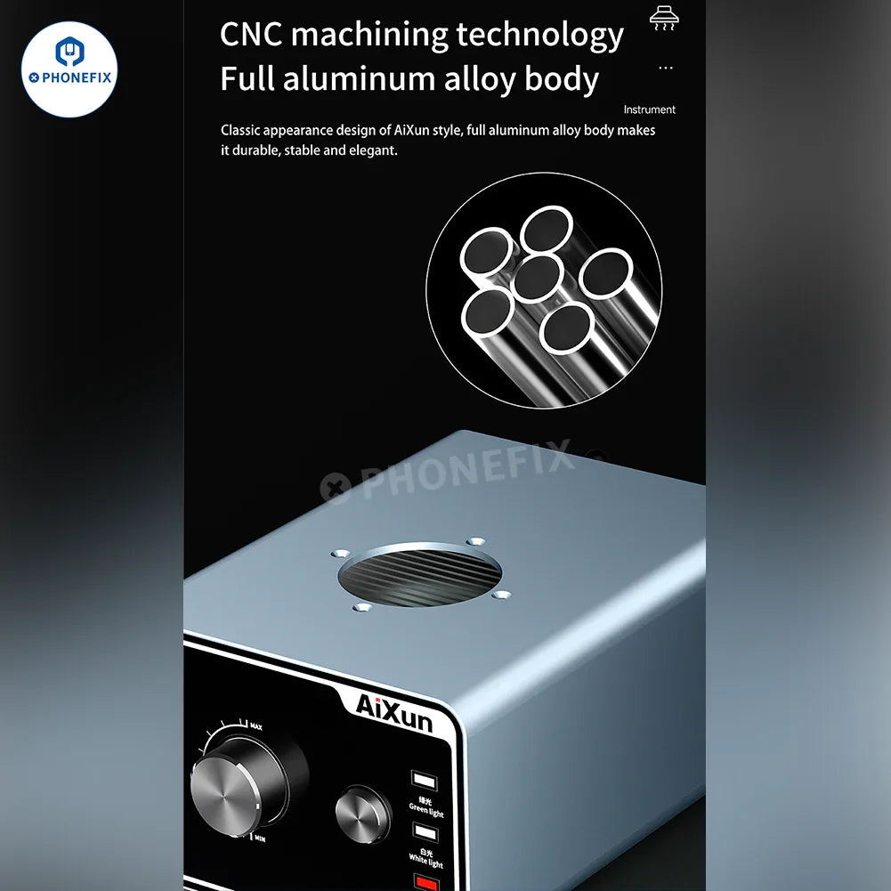 AIXUN ES02 Fume Extractor Phone PCB Soldering Smoke Absorber capturing soldering fumes from a phone circuit board.