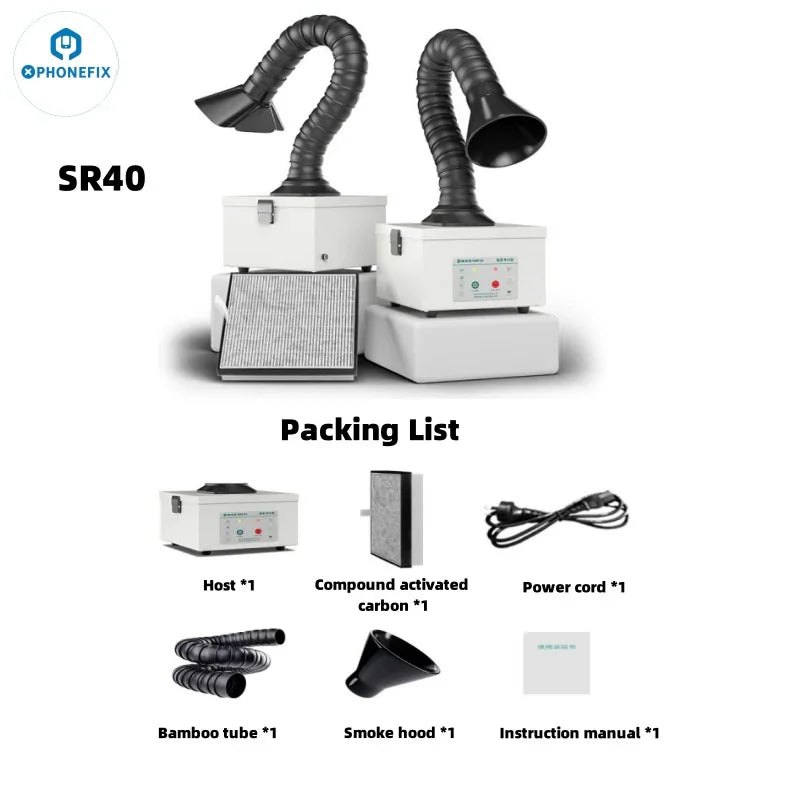 AIXUN ES02 phone PCB soldering smoke extractor capturing fumes with a compact smoke absorber device from PHONEFIX.