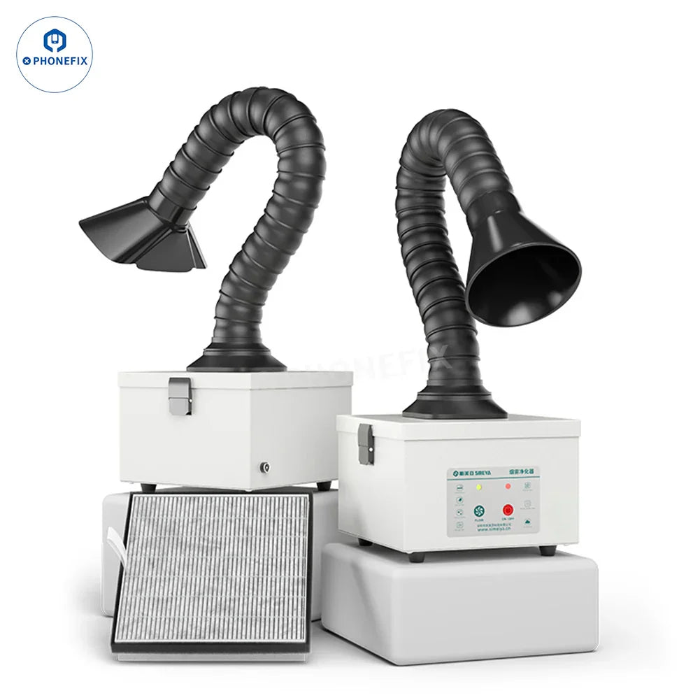 AIXUN ES02 phone PCB soldering smoke extractor by PHONEFIX, compact smoke absorber for electronics repair and soldering fumes.