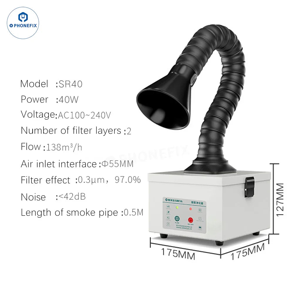 AIXUN ES02 phone PCB soldering smoke extractor capturing fumes during electronic repair, branded PHONEFIX, with compact design.