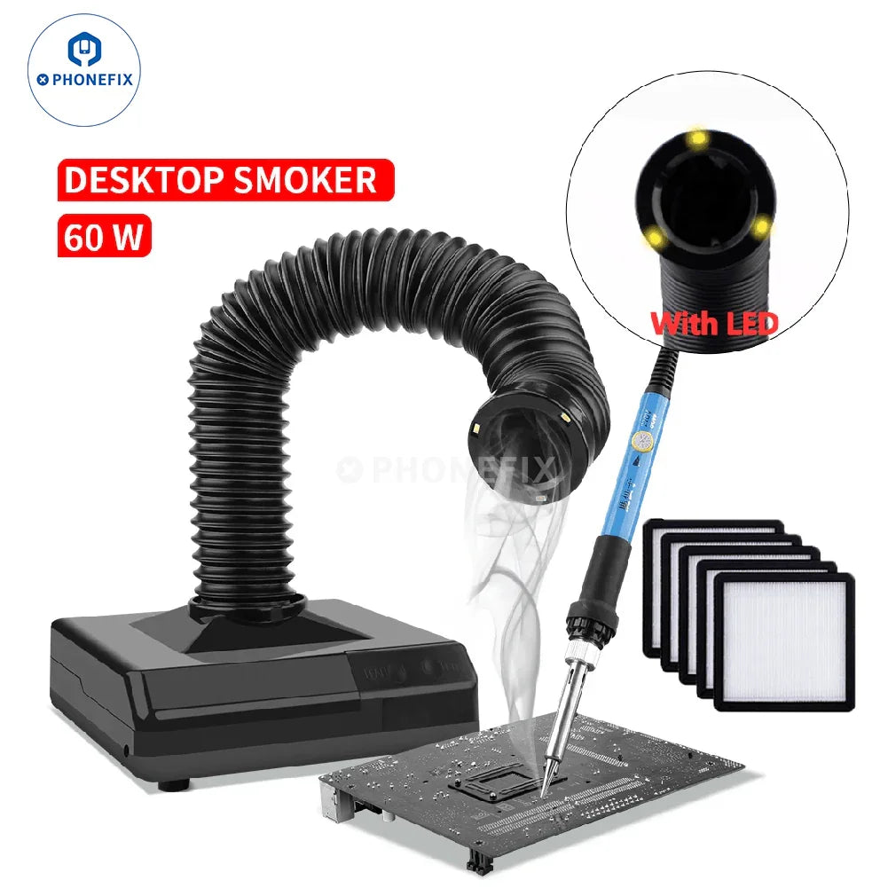 Compact PHONEFIX solder fume extractor with black and silver design, featuring a desktop smoke absorber for clean workspaces.