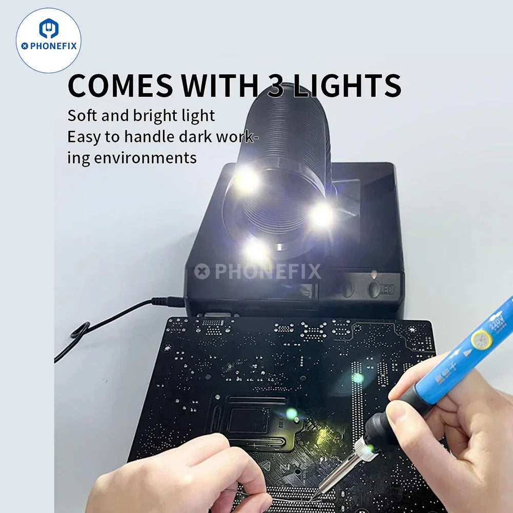 Compact PHONEFIX solder fume extractor with smoke absorption filter, desktop design for effective smoke and fume removal.