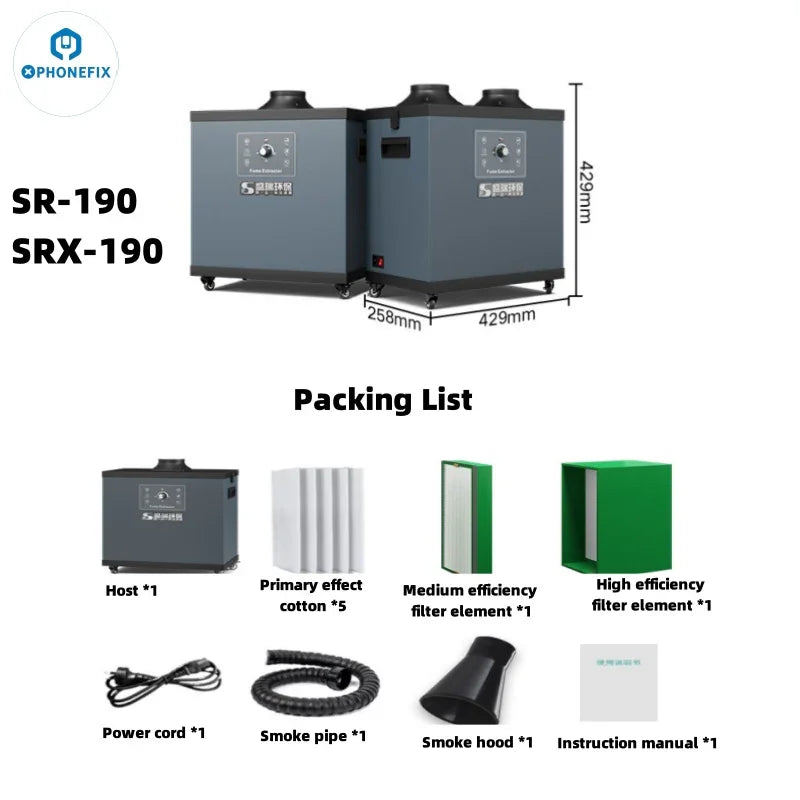 PHONEFIX smoke fume extractor for soldering, with a compact design and built-in filter to absorb and purify soldering fumes.