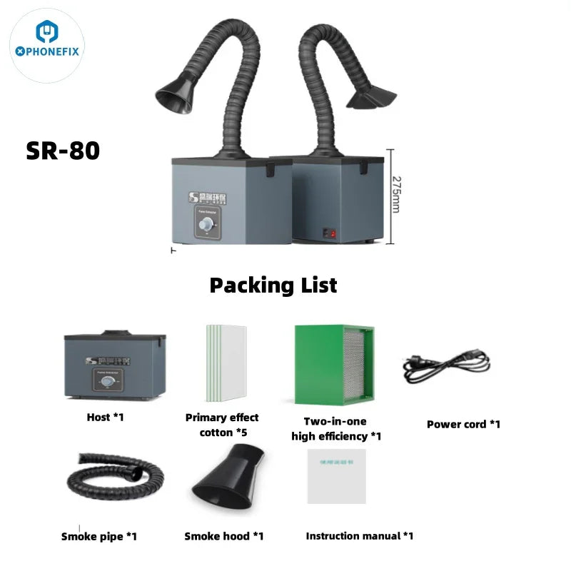 PHONEFIX smoke fume extractor with a compact design, capturing and purifying soldering fumes for a cleaner workspace.