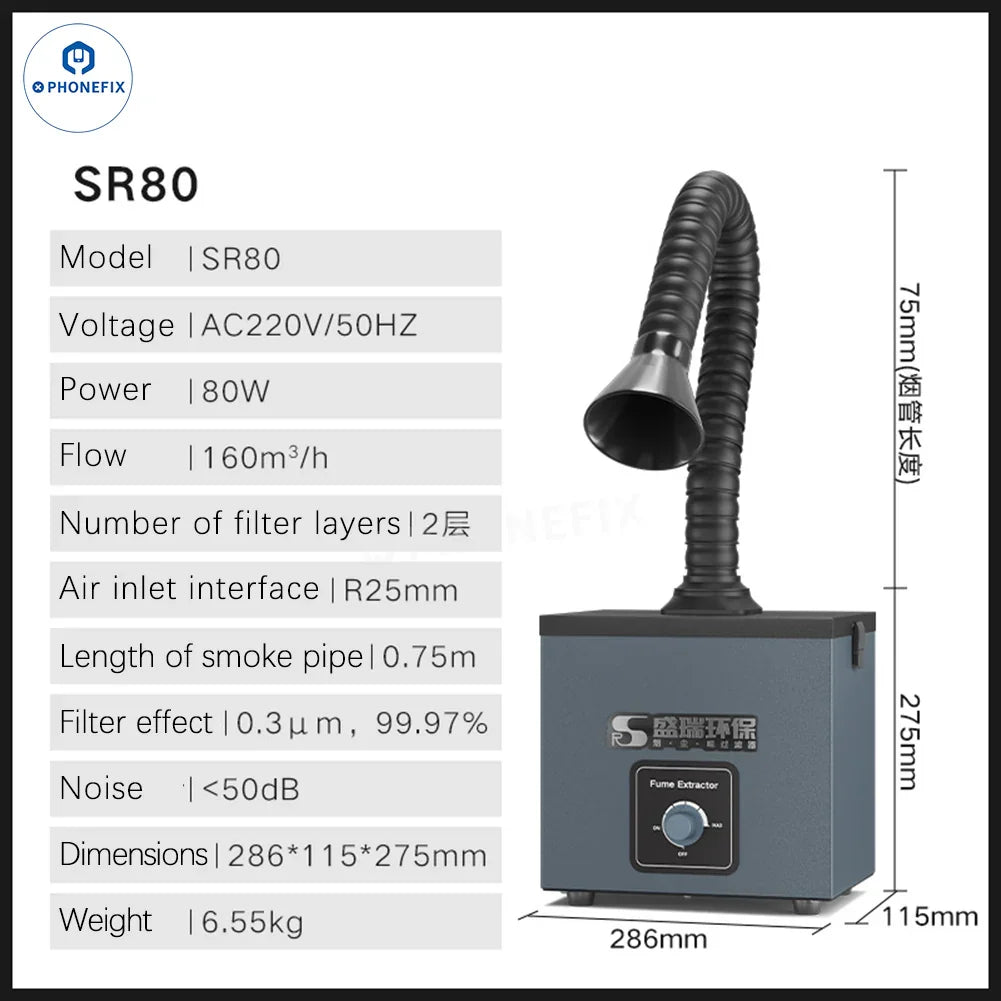 Phonefix smoke fume extractor for soldering, with a compact design and filtration system to absorb and purify soldering smoke fumes.
