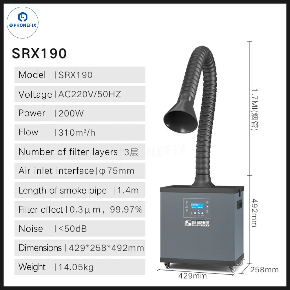 PhoneFix FUME Smoke Extractor for soldering, with a compact design and adjustable arm to absorb and purify soldering fumes.