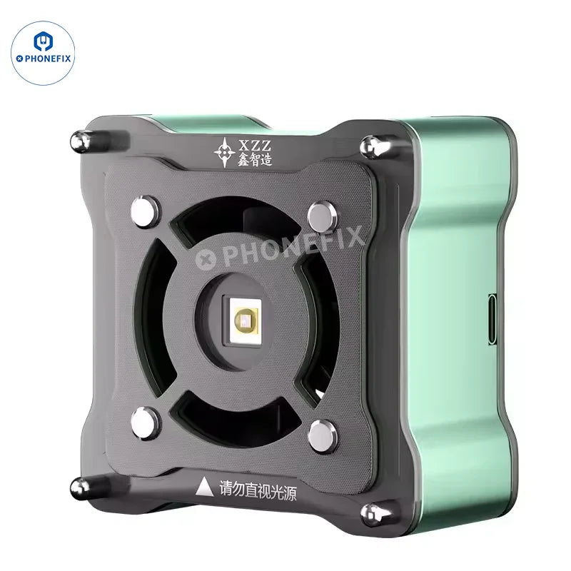 XZZ 3W 2-in-1 UV curing solder mask and cooling fan smoke fume extractor by PHONEFIX, with compact design and ventilation features.