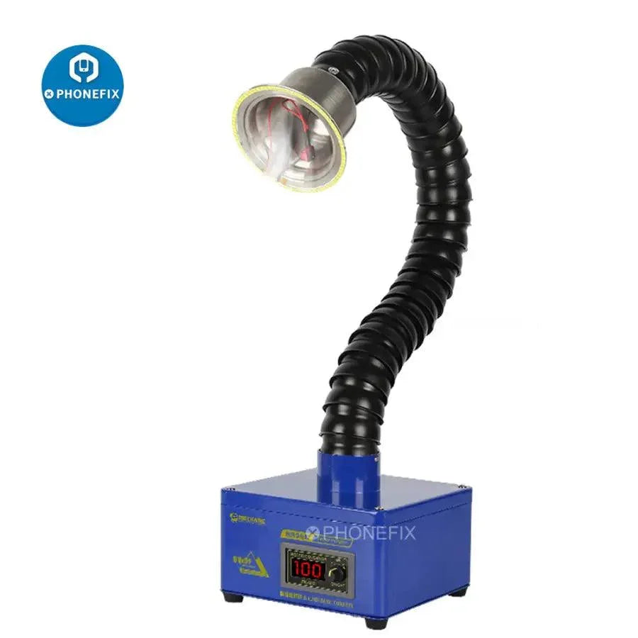 PhoneFix mechanic smoke fume extractor for PCB BGA soldering repair, compact air cleaner with adjustable arm and filter system.