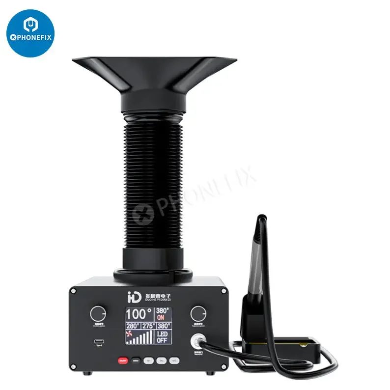 Phonefix TBK D201 soldering iron with smoke fume extractor for welding repair, showing the soldering iron and extraction unit.