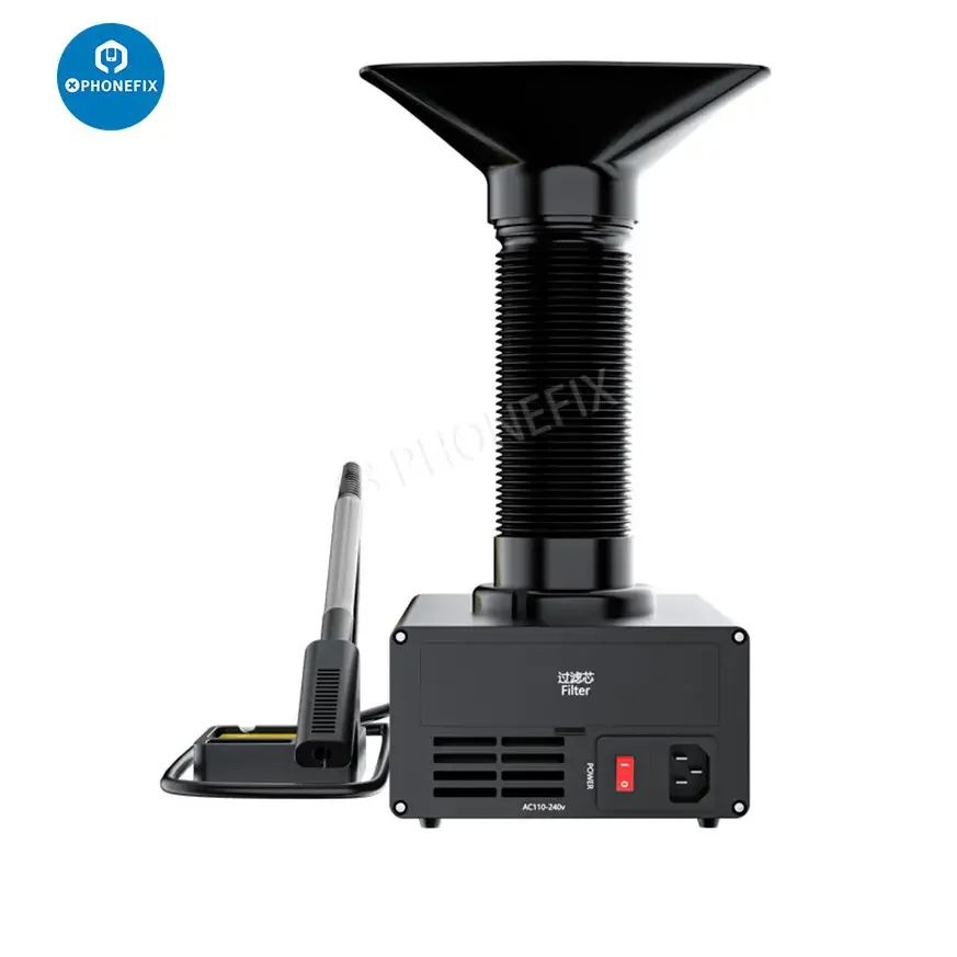 TBK D201 soldering iron with PHONEFIX smoke fume extractor for welding repair, showing the soldering iron and extraction unit.