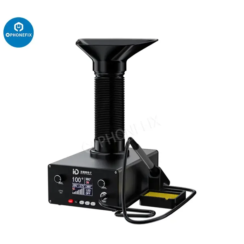 PHONEFIX TBK D201 soldering iron with smoke fume extractor for welding repair, shown with attached extraction unit and soldering tip.