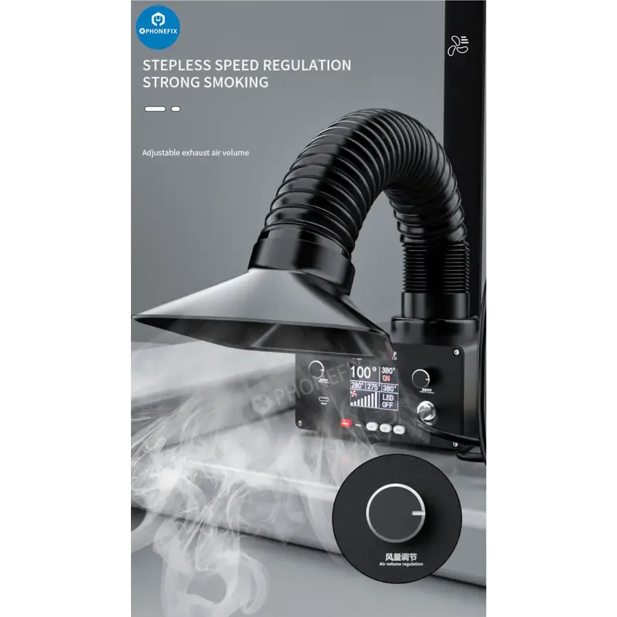 Phonefix TBK D201 soldering iron with fume extractor for welding repair, shown with smoke extraction system and ergonomic design.