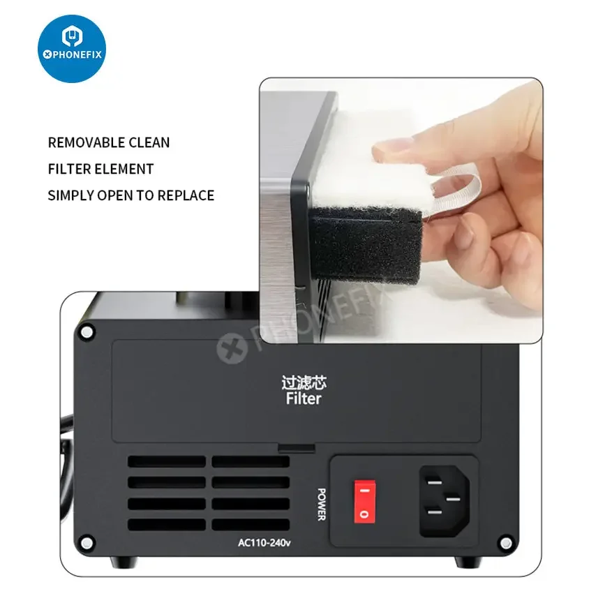 PHONEFIX TBK D201 soldering iron with smoke fume extractor for welding repair, showing the device with integrated fume extraction system.